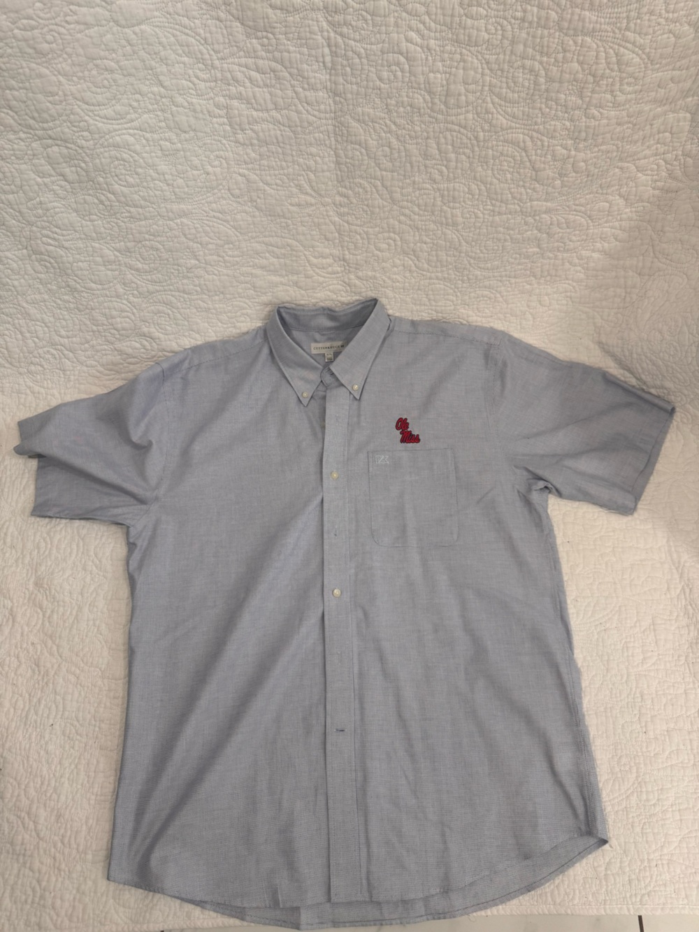 Light Blue Short-Sleeve Button-Down Shirt with Red Embroidery